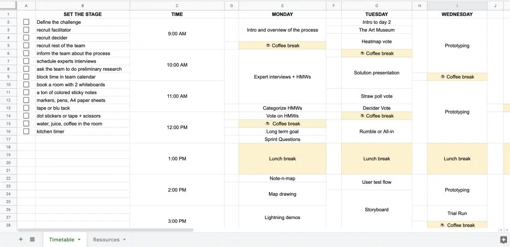 design sprint timetable