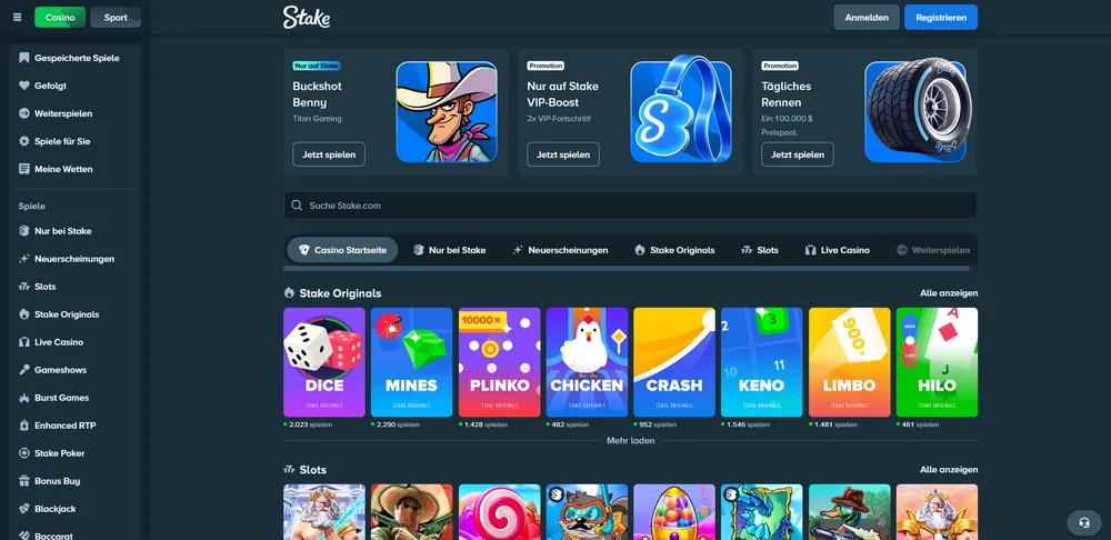 Stake's Casino lobby page captured inside Decks.