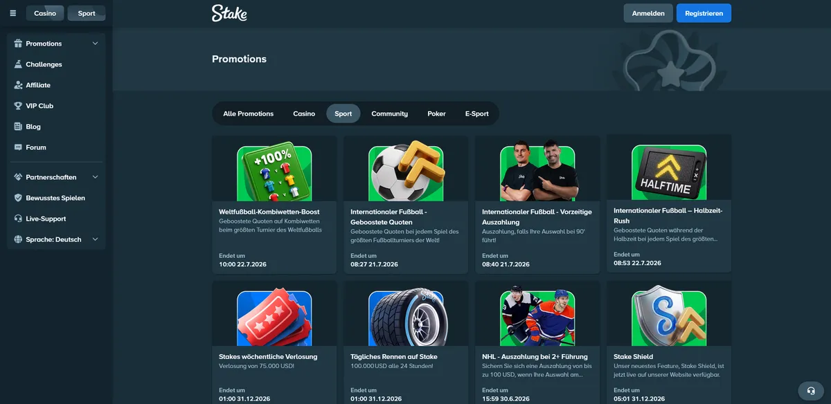 Stake's Promotions page captured inside Decks — a grid of live casino and sports promo cards with countdown timers and boosted-odds calls to action.