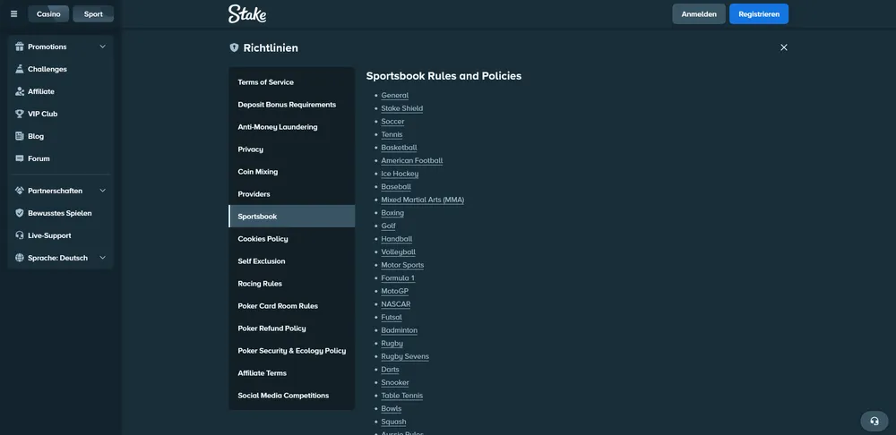 Stake's Rules & policies page captured inside Decks.